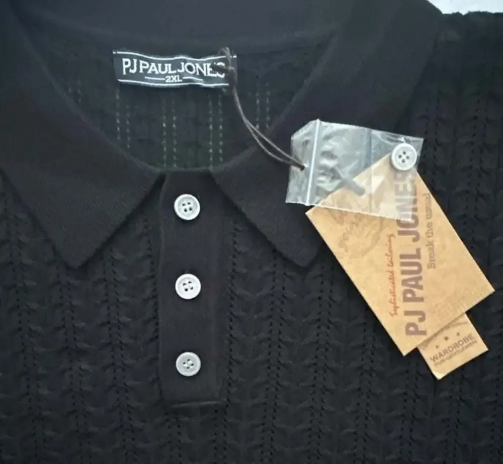 NWT PJ Paul Jones Men’s 2XL Black Knit Polo Shirt Textured Short Sleeve Viscose